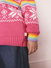 Little Bird by Jools Oliver Pink Kids Bright Fairisle Quarter Zip Knitted Family Christmas Jumper - Image 10 of 15