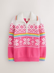 Little Bird by Jools Oliver Pink Kids Bright Fairisle Quarter Zip Knitted Family Christmas Jumper - Image 11 of 15