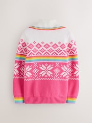 Little Bird by Jools Oliver Pink Kids Bright Fairisle Quarter Zip Knitted Family Christmas Jumper - Image 12 of 15