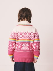 Little Bird by Jools Oliver Pink Kids Bright Fairisle Quarter Zip Knitted Family Christmas Jumper - Image 2 of 15