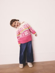 Little Bird by Jools Oliver Pink Kids Bright Fairisle Quarter Zip Knitted Family Christmas Jumper - Image 3 of 15