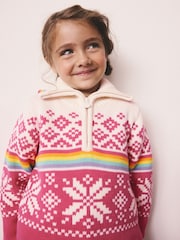 Little Bird by Jools Oliver Pink Kids Bright Fairisle Quarter Zip Knitted Family Christmas Jumper - Image 4 of 15