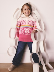 Little Bird by Jools Oliver Pink Kids Bright Fairisle Quarter Zip Knitted Family Christmas Jumper - Image 5 of 15