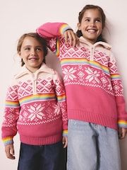Little Bird by Jools Oliver Pink Kids Bright Fairisle Quarter Zip Knitted Family Christmas Jumper - Image 6 of 15