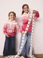 Little Bird by Jools Oliver Pink Kids Bright Fairisle Quarter Zip Knitted Family Christmas Jumper - Image 8 of 15