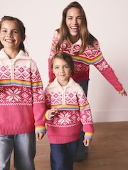 Little Bird by Jools Oliver Pink Kids Bright Fairisle Quarter Zip Knitted Family Christmas Jumper - Image 9 of 15