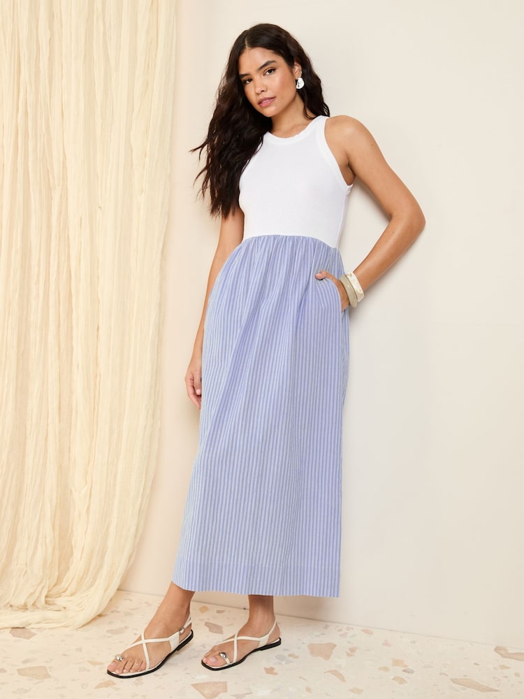 Friends Like These Blue Stripe 2 in 1 Cotton Mix Stripe Midi Dress - Image 1 of 4