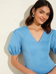 Friends Like These Blue V-Neck Puff Sleeve Structured Mini Dress - Image 3 of 4