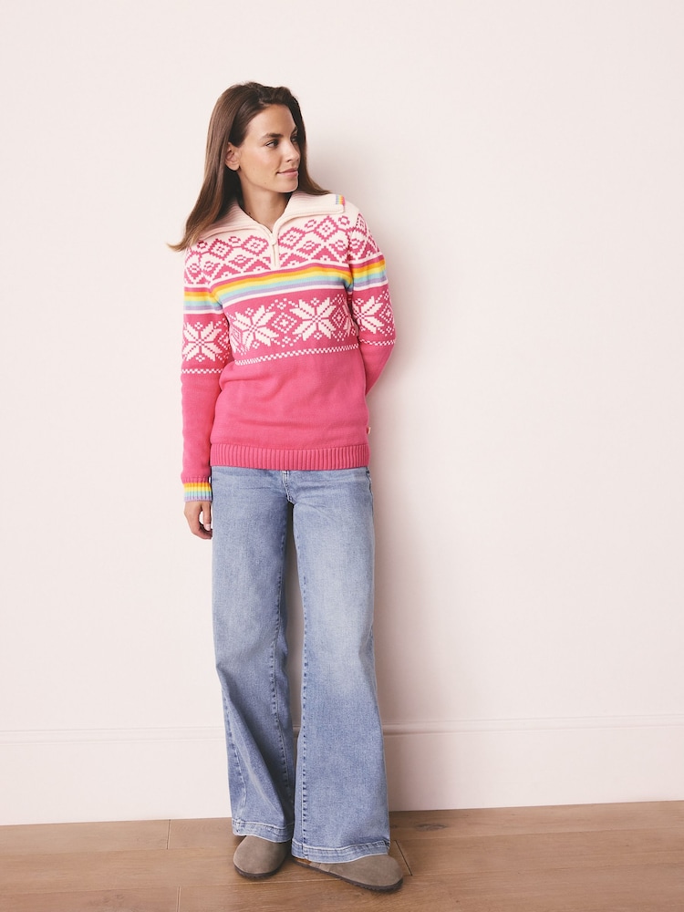 Little Bird by Jools Oliver Multi Adult Bright Fairisle Quarter Zip Knitted Family Christmas Jumper - Image 1 of 9 Little Bird by Jools Oliver Multi Adult Bright Fairisle Quarter Zip Knitted Family Christmas Jumper - Image 1 of 9