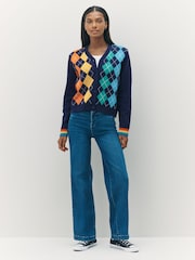 Little Bird by Jools Oliver Navy Adult Rainbow Knitted Argyle Cardigan - Image 3 of 10