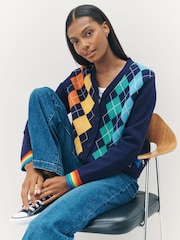 Little Bird by Jools Oliver Navy Adult Rainbow Knitted Argyle Cardigan - Image 4 of 10