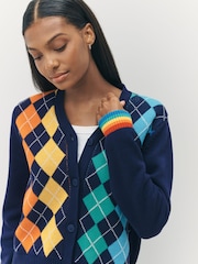 Little Bird by Jools Oliver Navy Adult Rainbow Knitted Argyle Cardigan - Image 5 of 10