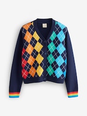 Little Bird by Jools Oliver Navy Adult Rainbow Knitted Argyle Cardigan - Image 7 of 10