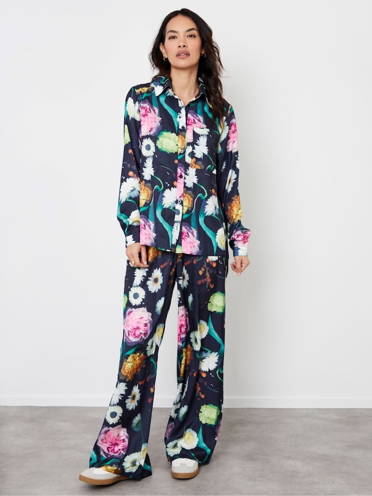 Another Sunday Black Satin Twill Floral Print Trousers - Image 1 of 4