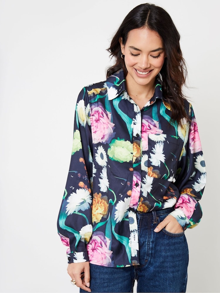 Another Sunday Blue Satin Twill Floral Print Shirt - Image 1 of 2 Another Sunday Blue Satin Twill Floral Print Shirt - Image 1 of 2