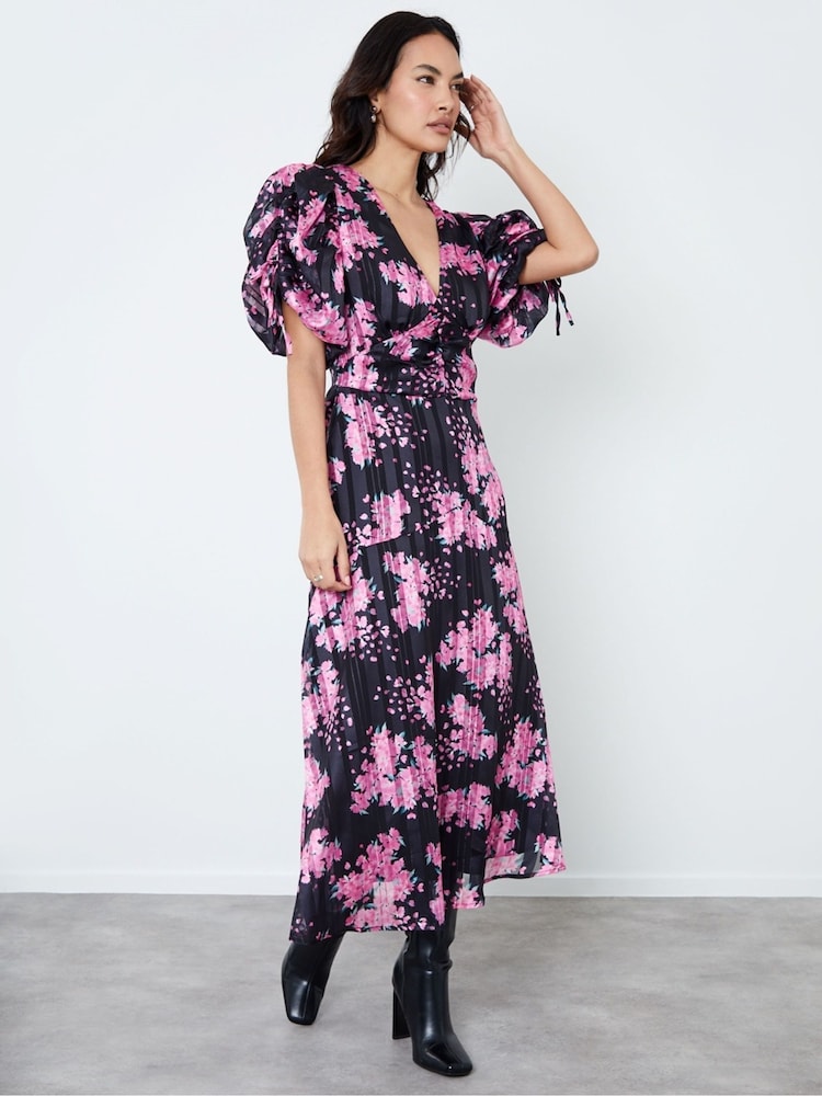 Another Sunday Black Floral Stripe Dress With Ruched Detail - Image 1 of 4