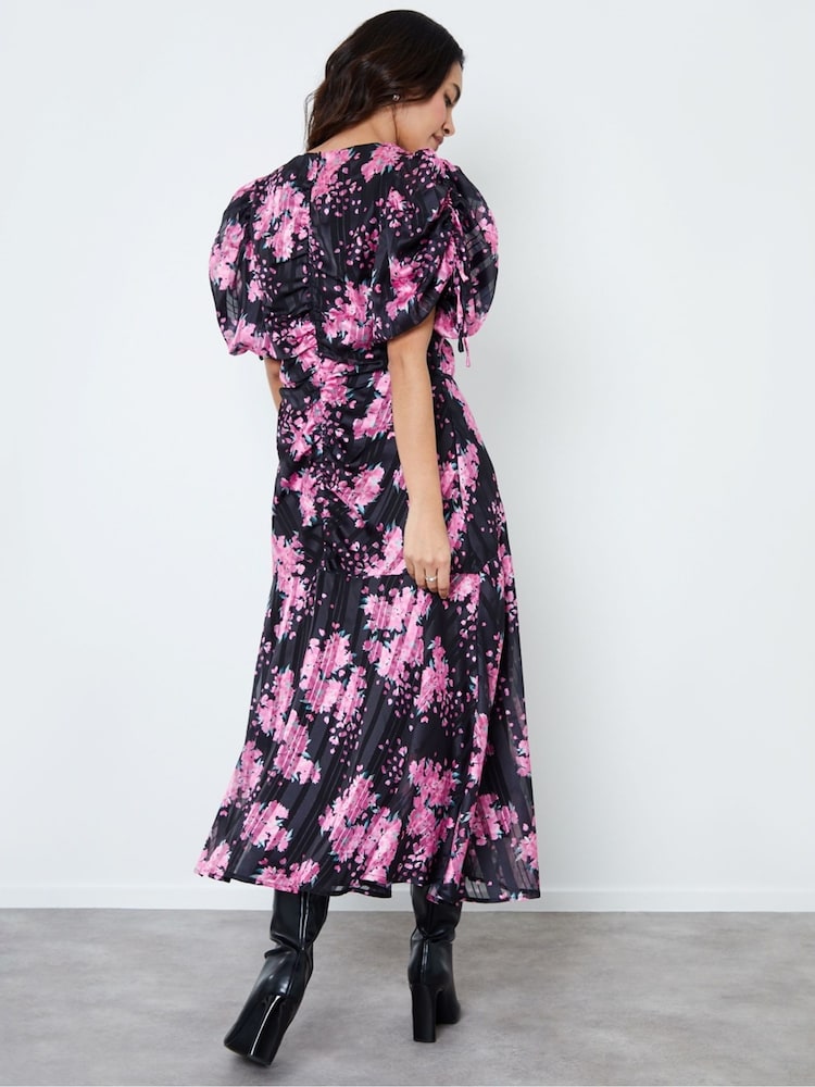 Another Sunday Black Floral Stripe Dress With Ruched Detail - Image 2 of 4