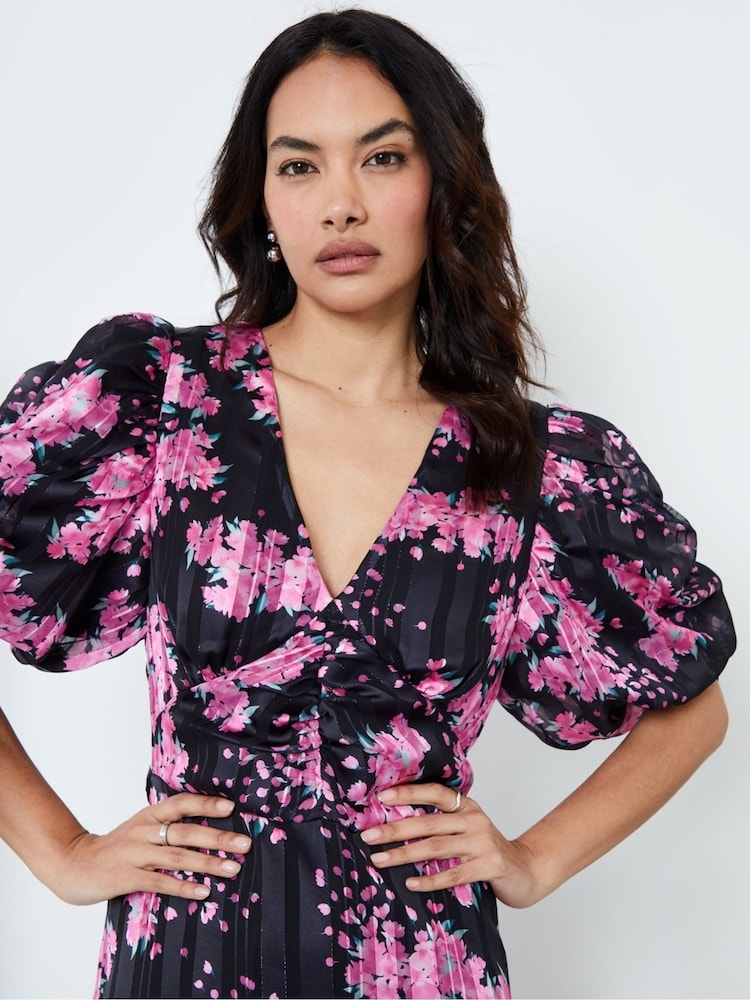 Another Sunday Black Floral Stripe Dress With Ruched Detail - Image 4 of 4