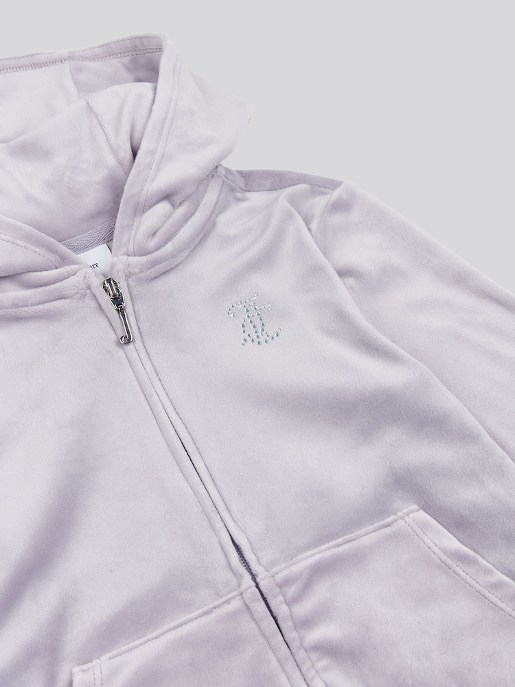 Juicy Couture Grey Girls Mini Diamante Zip Hoodie - Image 3 of 3