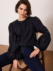 Mint Velvet Blue 100% Cotton Broderie Cropped Top - Image 1 of 8