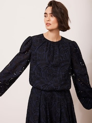 Mint Velvet Blue 100% Cotton Broderie Cropped Top - Image 2 of 8