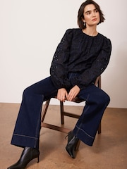Mint Velvet Blue 100% Cotton Broderie Cropped Top - Image 4 of 8