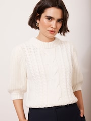 Mint Velvet White Cotton Blend Cable Knit Top - Image 1 of 9