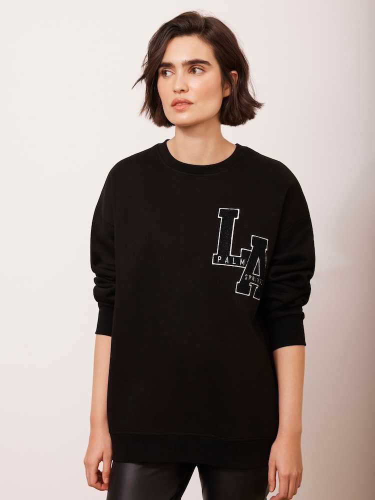 Mint Velvet Black Cotton Blend Relaxed Glamour Logo Sweatshirt - Image 1 of 9