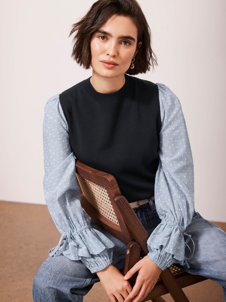 Mint Velvet Blue Woven Stripe Sleeve Top - Image 1 of 8