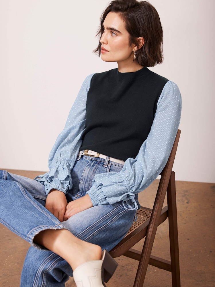 Mint Velvet Blue Woven Stripe Sleeve Top - Image 2 of 8