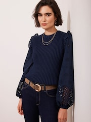 Mint Velvet Blue Cotton Blend Broderie Sleeve Jumper - Image 1 of 8