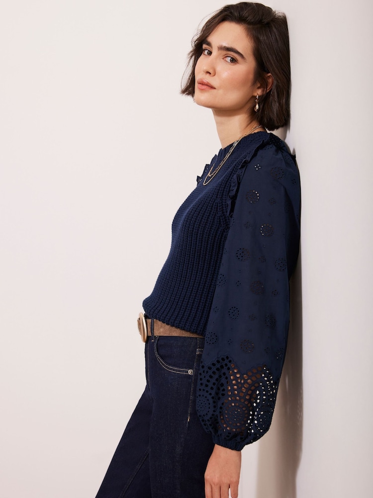 Mint Velvet Blue Cotton Blend Broderie Sleeve Jumper - Image 2 of 8