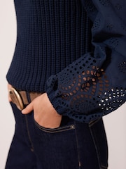 Mint Velvet Blue Cotton Blend Broderie Sleeve Jumper - Image 3 of 8