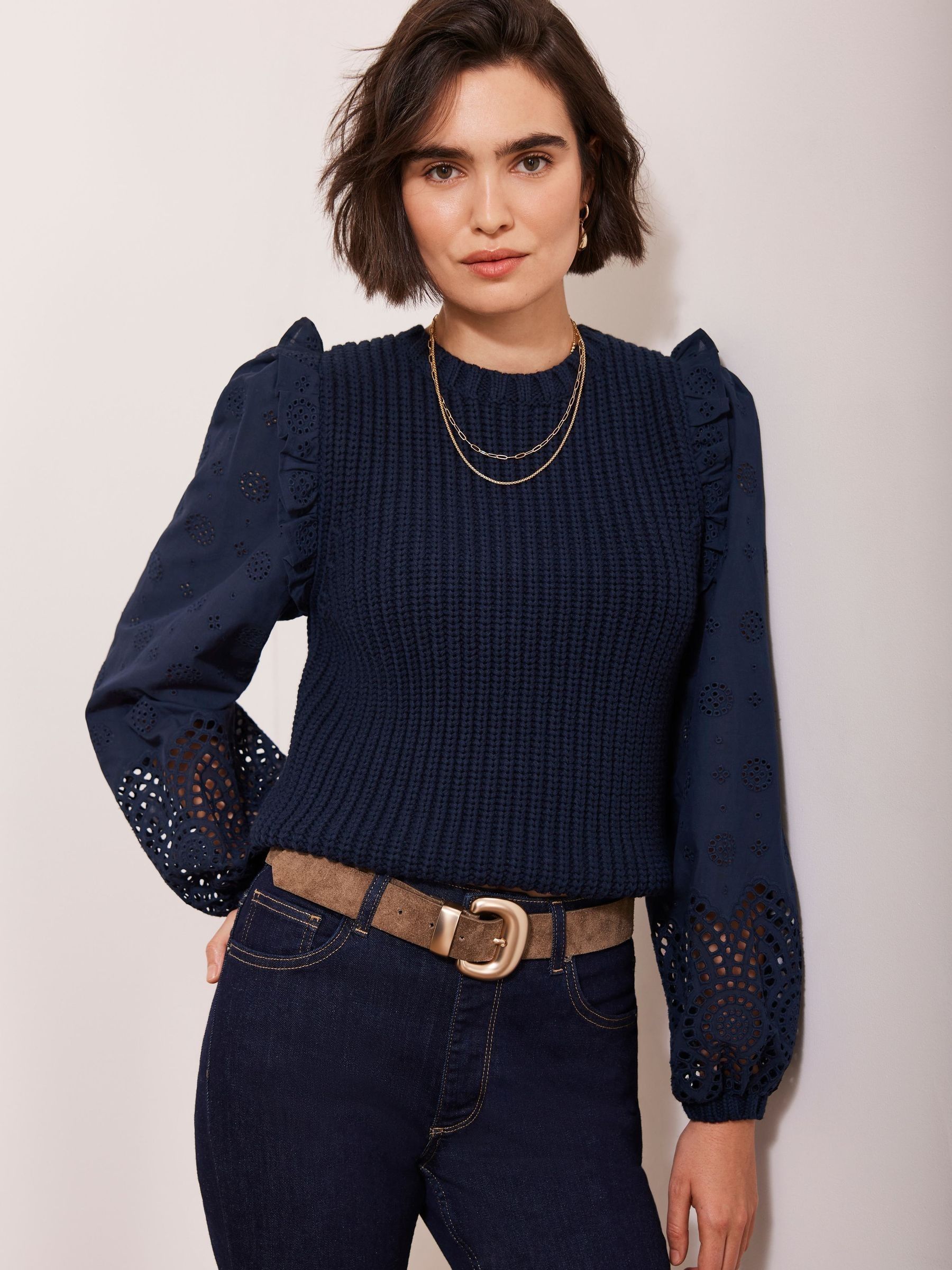Buy Mint Velvet Blue Cotton Blend Broderie Sleeve Jumper