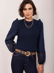 Mint Velvet Blue Cotton Blend Broderie Sleeve Jumper - Image 4 of 8