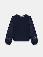 Mint Velvet Blue Cotton Blend Broderie Sleeve Jumper - Image 6 of 8