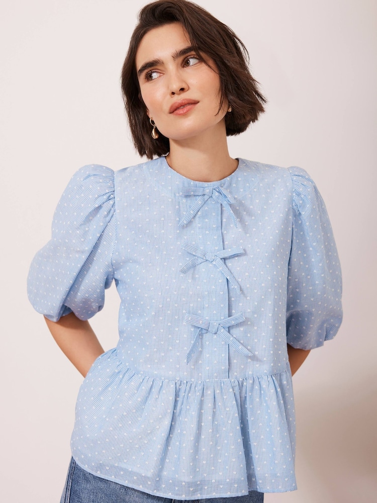Mint Velvet Blue 100% Cotton Striped Puff Sleeve Top - Image 1 of 9