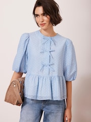 Mint Velvet Blue 100% Cotton Striped Puff Sleeve Top - Image 2 of 9