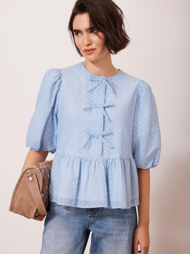 Mint Velvet Blue 100% Cotton Striped Puff Sleeve Top - Image 2 of 9