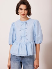 Mint Velvet Blue 100% Cotton Striped Puff Sleeve Top - Image 4 of 9