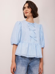 Mint Velvet Blue 100% Cotton Striped Puff Sleeve Top - Image 5 of 9