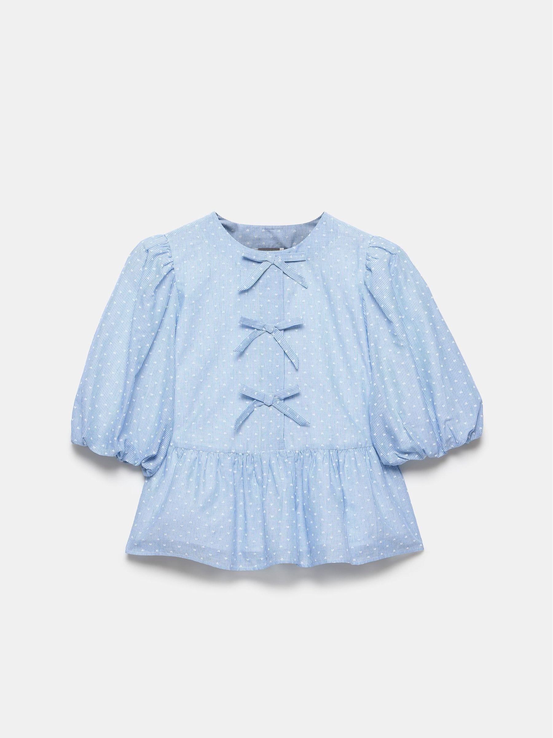 Buy Mint Velvet Blue 100% Cotton Striped Puff Sleeve Top from the