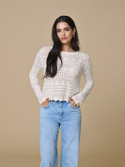 JDY White Long Sleeve Knitted Crochet Boatneck Pullover Jumper - Image 7 of 9