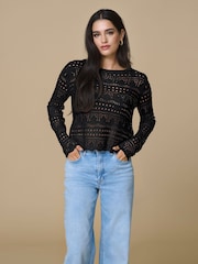JDY Black Long Sleeve Knitted Crochet Boatneck Pullover Jumper - Image 1 of 7