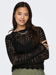 JDY Black Long Sleeve Knitted Crochet Boatneck Pullover Jumper - Image 2 of 7