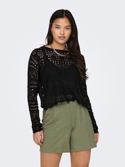 JDY Black Long Sleeve Knitted Crochet Boatneck Pullover Jumper - Image 3 of 7