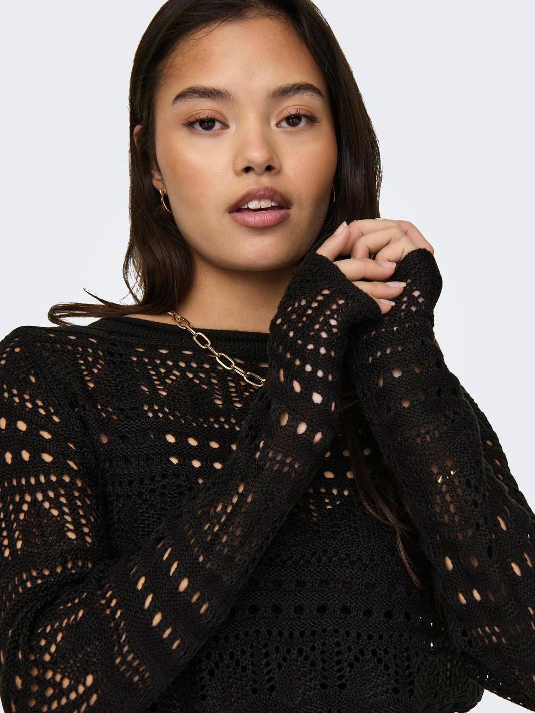 Buy JDY Black Long Sleeve Knitted Crochet Boatneck Pullover Jumper