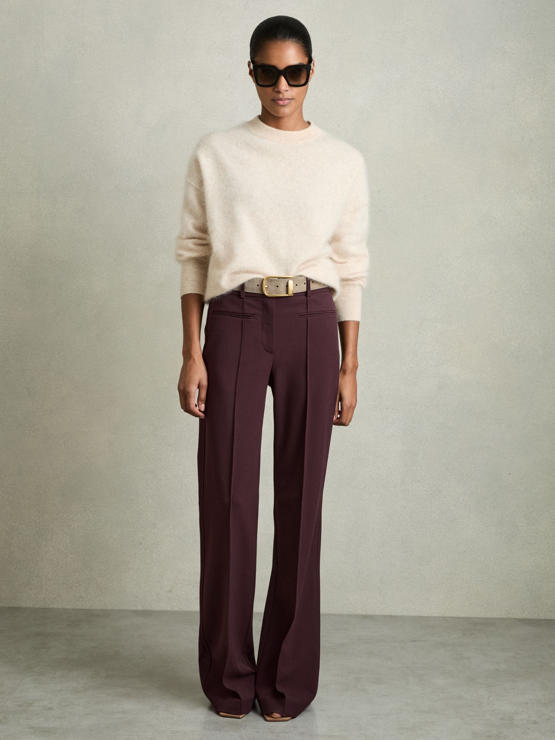Reiss Burgundy High Rise Flared Trousers