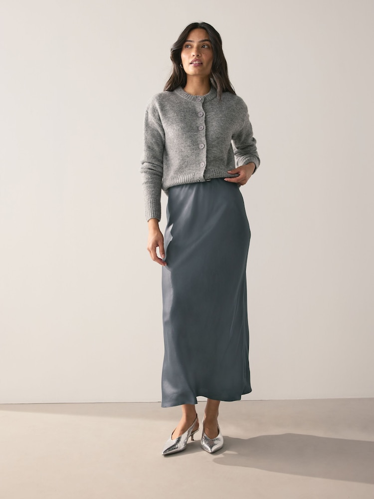 Charcoal Grey Satin Midi Skirt - Image 1 of 9 Charcoal Grey Satin Midi Skirt - Image 1 of 9