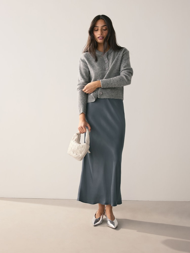 Charcoal Grey Satin Midi Skirt - Image 2 of 9 Charcoal Grey Satin Midi Skirt - Image 2 of 9